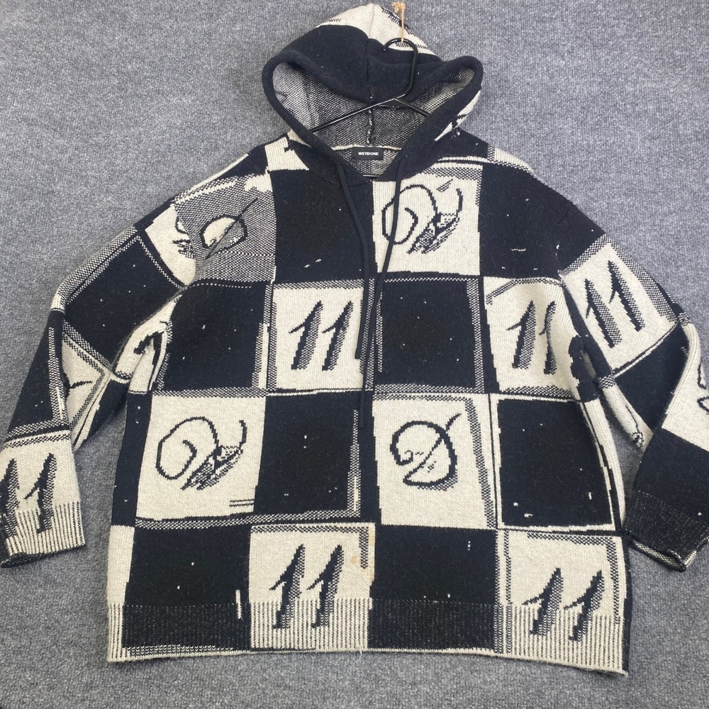 WE11DONE Black White Checkered Knit Hoodie Graphic Sweater WD-TT1-22-652-U-NV M